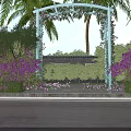 Garden Pergola Adorned With Purple Climbing Flowers Surrounded by Palm Trees and Green Shrubs