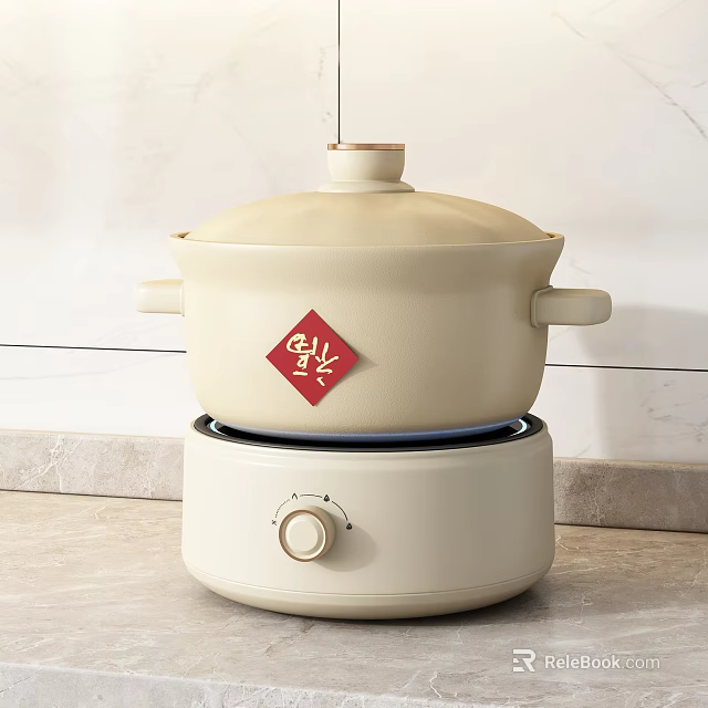 Beige Ceramic Pot with Red Fortune Sticker on Beige Stove for Kitchen Cooking 3d model 