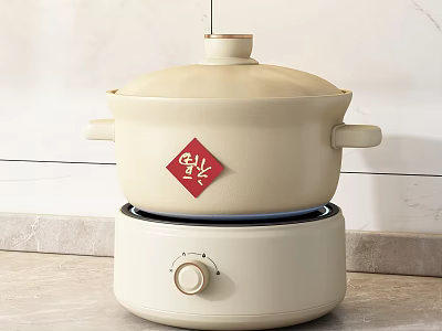 Beige Ceramic Pot with Red Fortune Sticker on Beige Stove for Kitchen Cooking 3d model