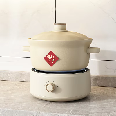 Beige Ceramic Pot with Red Fortune Sticker on Beige Stove for Kitchen Cooking 3d model