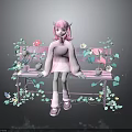 Pink Haired Character Sitting On Pink Bench With Green Vines Flowers And Butterflies
