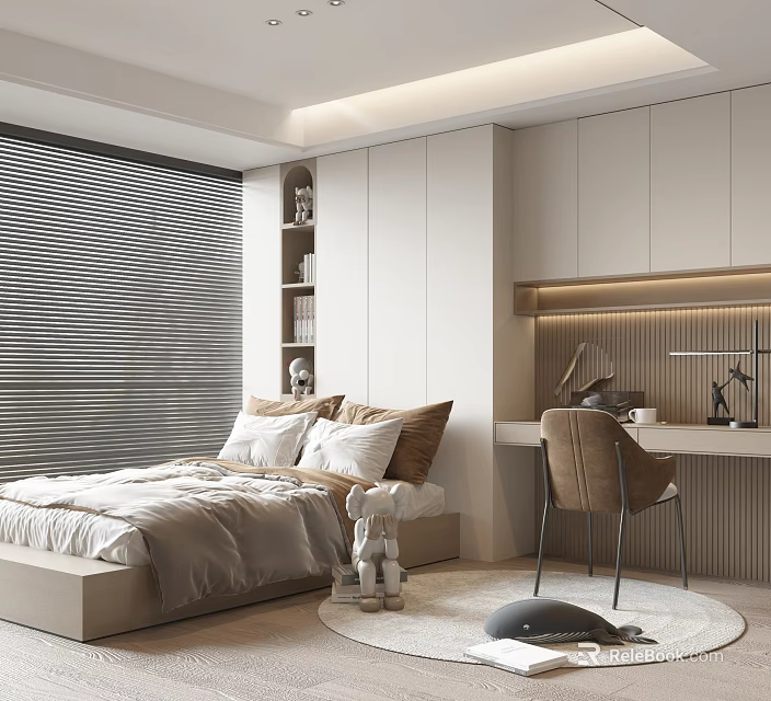 Tatami Bedroom Interior With Bed Blinds Bookshelf Desk Chair And Lighting 3d model 