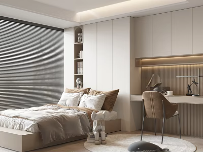 Tatami Bedroom Interior With Bed Blinds Bookshelf Desk Chair And Lighting 3d model