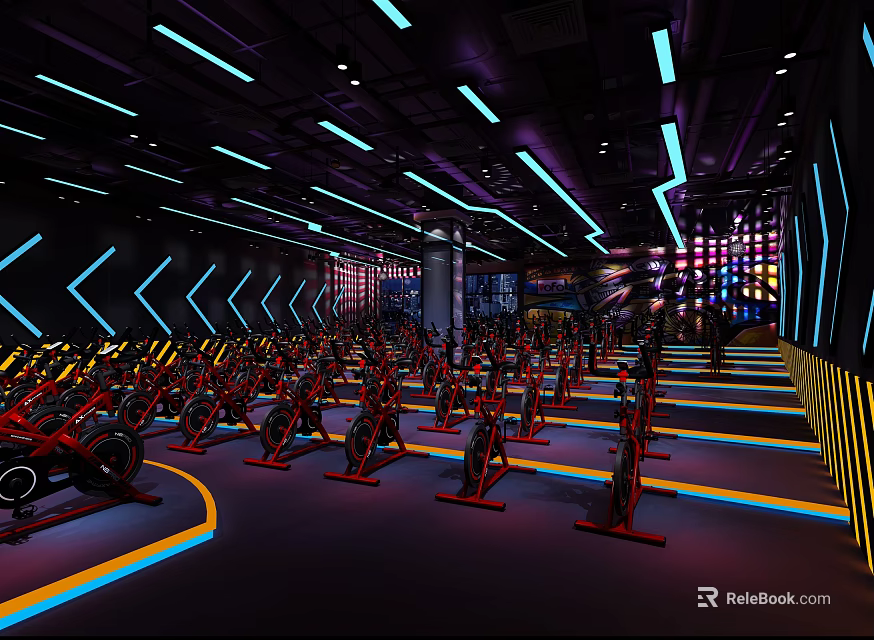 Modern Fitness Gym Interior with Spin Bikes Arranged in Rows and Colorful Neon Lights Design 3d model 