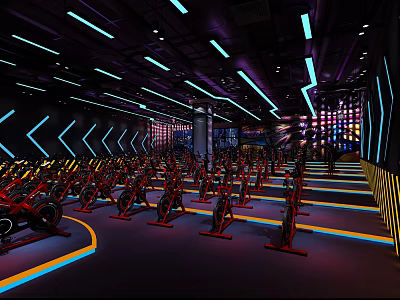 Modern Fitness Gym Interior with Spin Bikes Arranged in Rows and Colorful Neon Lights Design 3d model
