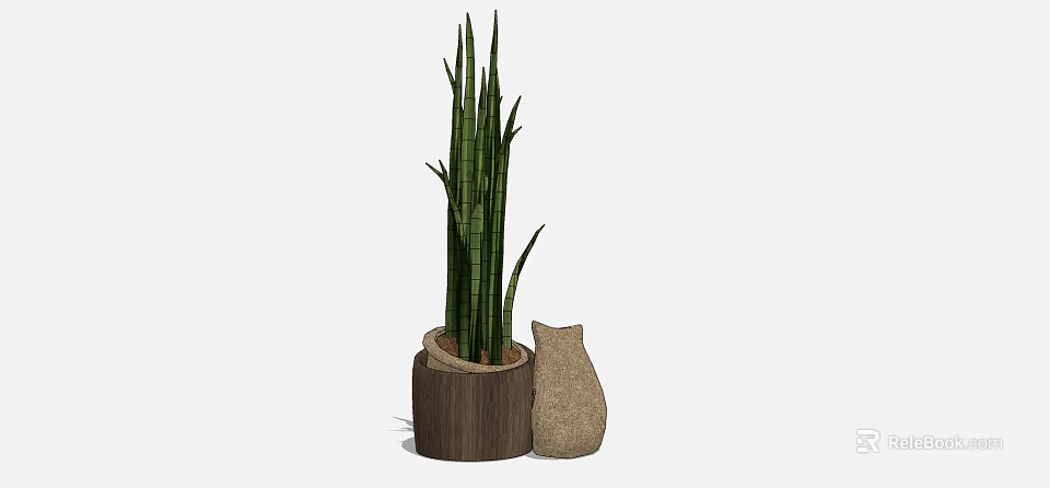 Bonsai Potted Plant With Long Green Leaves In Wooden Pot And Beige Decorative Container 3d model 