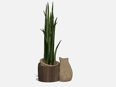 Bonsai Potted Plant With Long Green Leaves In Wooden Pot And Beige Decorative Container 3d model