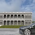 Classical Style Two Story Office Building With Arched Windows Balcony Railings And Greenery