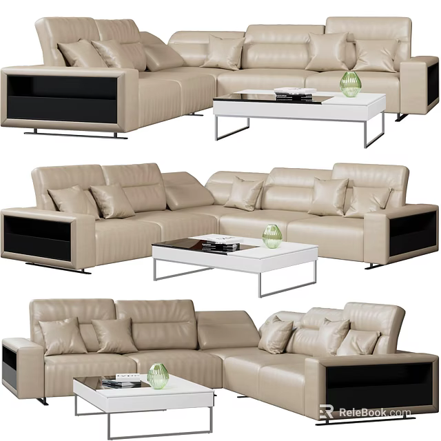 Modern Beige Leather Sectional Sofa With Coffee Table Decorative Pillows And Vase 3d model