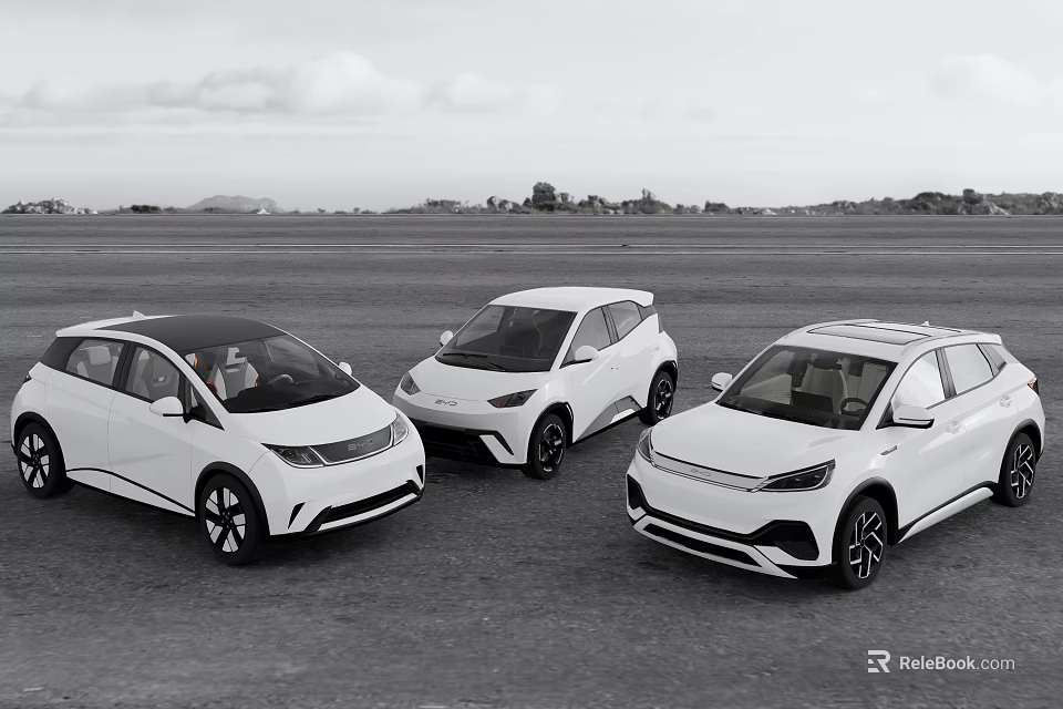 Three White Electric Vehicles Parked On Open Ground With Scenic Background 3d model 