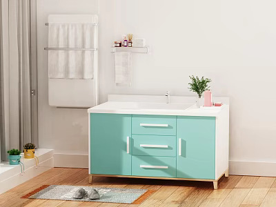 Turquoise And White Bathroom Vanity With Drawers Towel Rack And Potted Plant On Wooden Floor 3d model