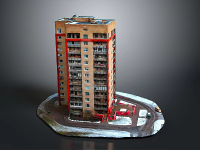 Multistory Brick Apartment Building With Red Accent Frames Balconies And Snowy Surroundings 3d model