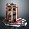 Multistory Brick Apartment Building With Red Accent Frames Balconies And Snowy Surroundings