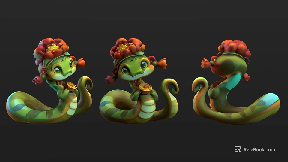 Cute Cartoon Snakes With Green Striped Bodies Red Flower Headdresses And Golden Objects 3d model 