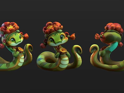 Cute Cartoon Snakes With Green Striped Bodies Red Flower Headdresses And Golden Objects 3d model