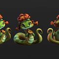 Cute Cartoon Snakes With Green Striped Bodies Red Flower Headdresses And Golden Objects