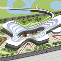 Modern Public Architecture With Unique Curved Roof And Green Surrounding Landscape 3d model
