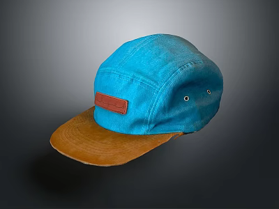 Stylish Blue Canvas Hat With Brown Brim And Leather Patch Detail 3d model
