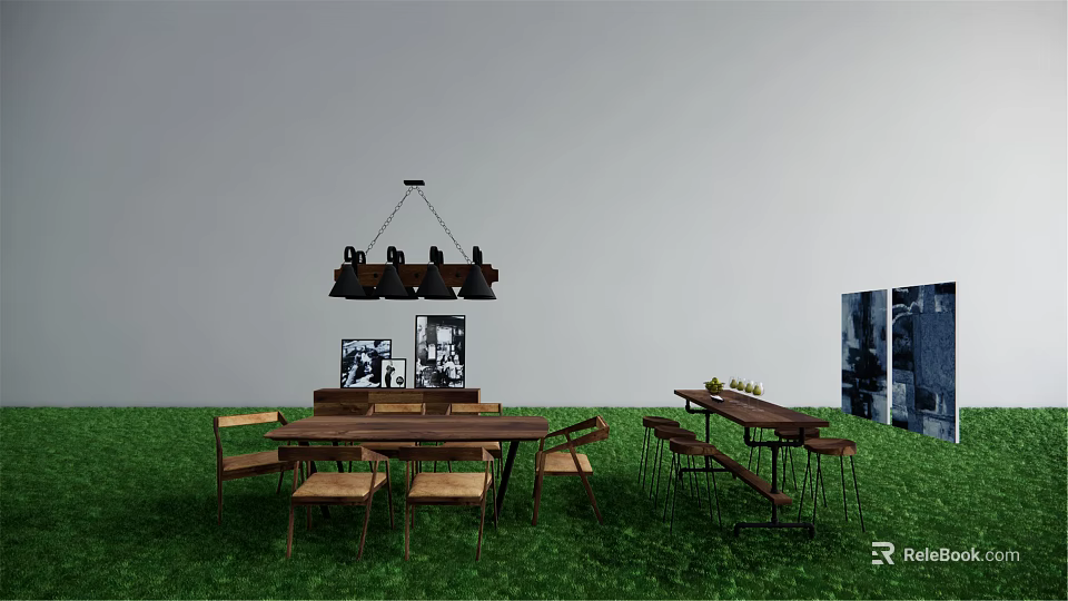 Wooden Dining Table Set With Matching Chairs And Hanging Lamp Decorative Prints 3d model 