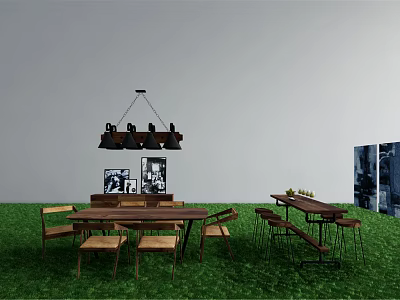 Wooden Dining Table Set With Matching Chairs And Hanging Lamp Decorative Prints 3d model