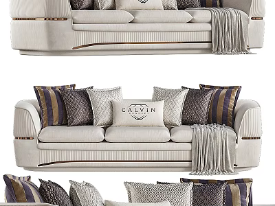Elegant Two Seater Sofa With Decorative Pillows Striped Patterns And Throw Blanket 3d model