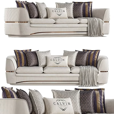 Elegant Two Seater Sofa With Decorative Pillows Striped Patterns And Throw Blanket 3d model