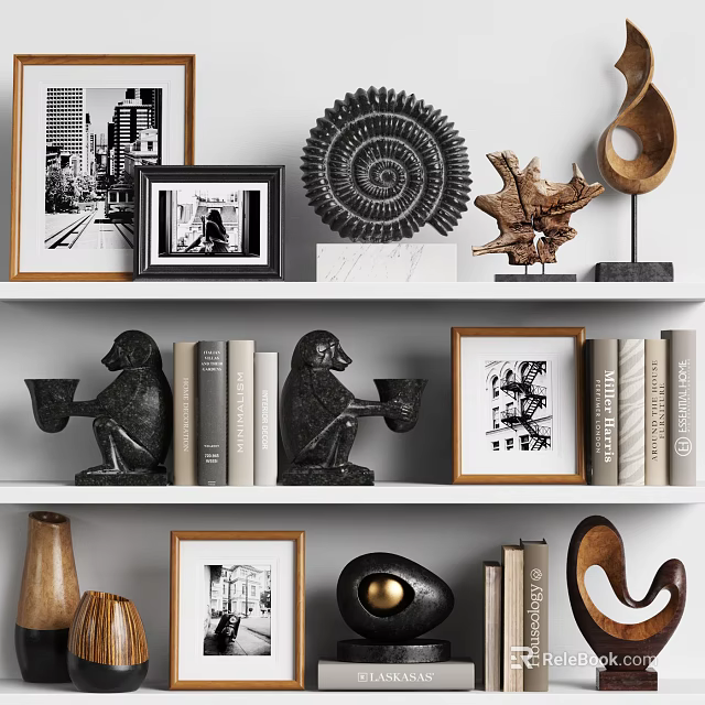 Stylish Decorative Ornament Collection with Framed Art Sculptures and Books on Shelves 3d model 