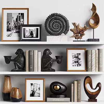 Stylish Decorative Ornament Collection with Framed Art Sculptures and Books on Shelves 3d model