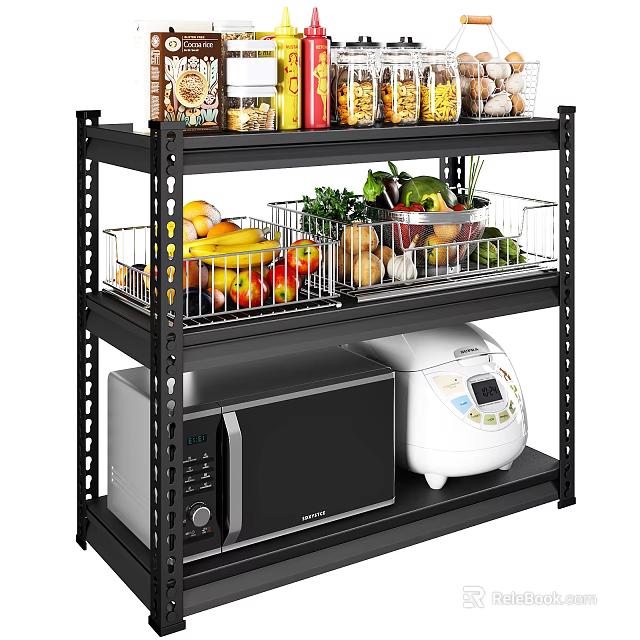 Fresh Vegetables and Fruits in Wire Baskets on Black Metal Kitchen Shelf with Microwave 3d model 