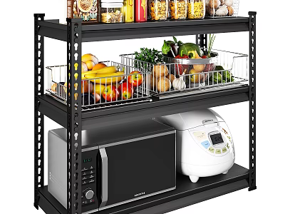 Fresh Vegetables and Fruits in Wire Baskets on Black Metal Kitchen Shelf with Microwave 3d model