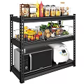 Fresh Vegetables and Fruits in Wire Baskets on Black Metal Kitchen Shelf with Microwave