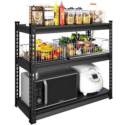 Fresh Vegetables and Fruits in Wire Baskets on Black Metal Kitchen Shelf with Microwave 3d model