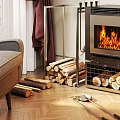 Modern Metal Fireplace With Burning Flames Wood Storage Logs And Red Curtains