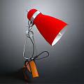 Modern Table Lamp With Red Lampshade Silver Metal Stand And Wooden Base
