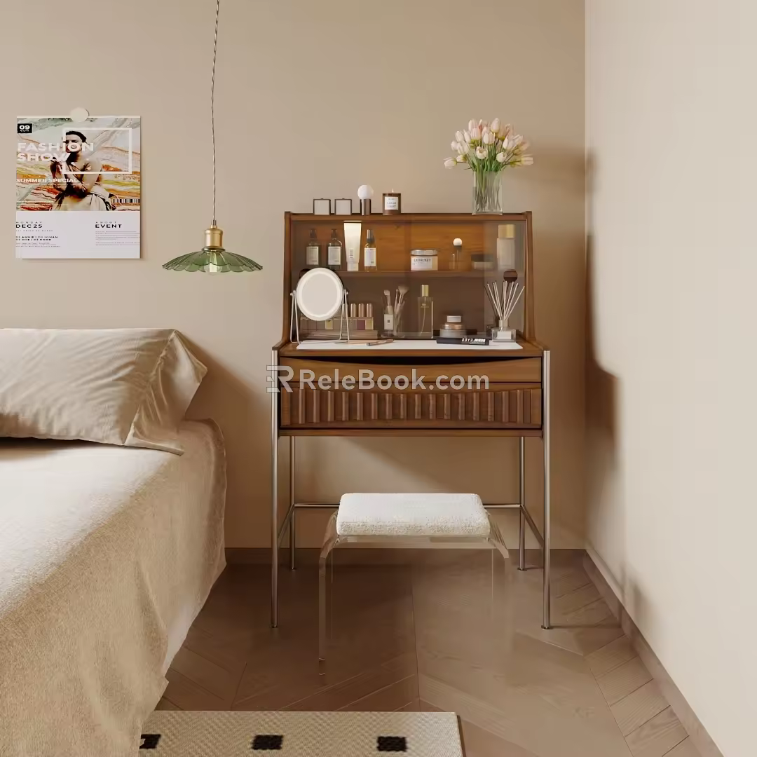 Quiet Dressing Table Medium and Ancient Dressing Table Combination Cosmetic Dressing Mirror Casual Stool Glass Small Chandelier Plant Ornaments 3d model