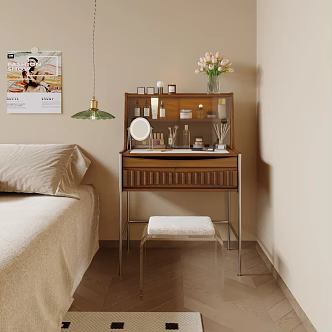 Quiet Dressing Table Medium and Ancient Dressing Table Combination Cosmetic Dressing Mirror Casual Stool Glass Small Chandelier Plant Ornaments 3d model