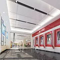 Bank Lobby Interior With Red Seating Benches Service Counters Marble Flooring And Large Windows