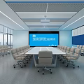 Spacious Modern Conference Room With Large Screen Tables Chairs And Windows 3d model