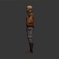 Futuristic 3D Character Model In Orange Vest With Gray Pants And Mechanical Leg Details Standing