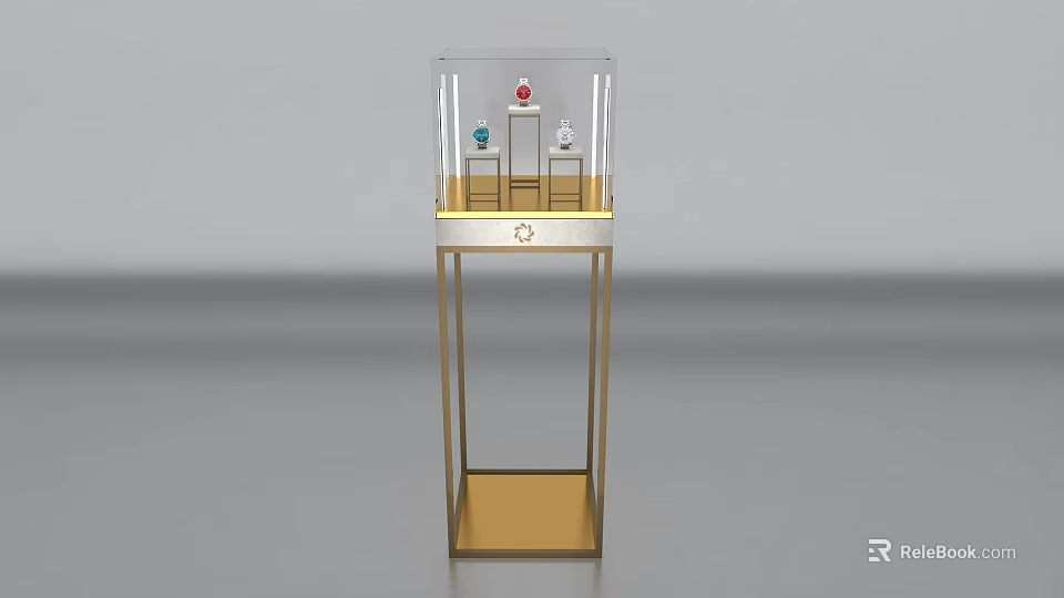 Transparent Glass Display Cabinet Shelf With Golden Metal Frame And Jewelry Items 3d model 
