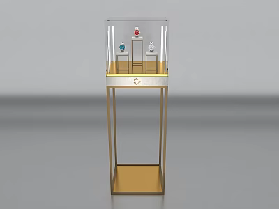 Transparent Glass Display Cabinet Shelf With Golden Metal Frame And Jewelry Items 3d model