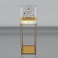 Transparent Glass Display Cabinet Shelf With Golden Metal Frame And Jewelry Items