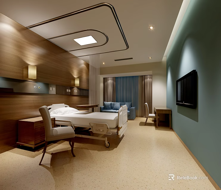 Modern Hospital Room Interior With Wooden Walls TV Bed Sofa And Lighting 3d model 