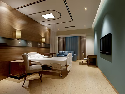 Modern Hospital Room Interior With Wooden Walls TV Bed Sofa And Lighting 3d model
