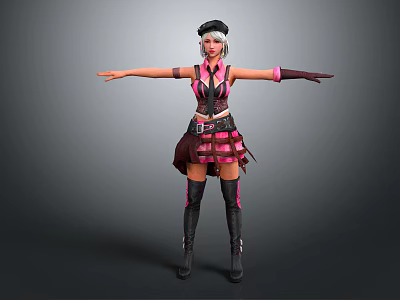 Game Movie Character In Pink Black Striped Outfit With Leather Hat Gloves And Long Boots 3d model