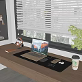 Laptop Workstation On Wooden Desk With Headphones Smartphone Mouse Coffee Cup And Potted Plant