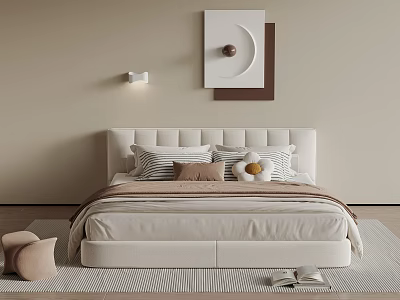 Neutral Double Bed With Upholstered Headboard Striped Pillows Circular Wall Art And Striped Rug 3d model