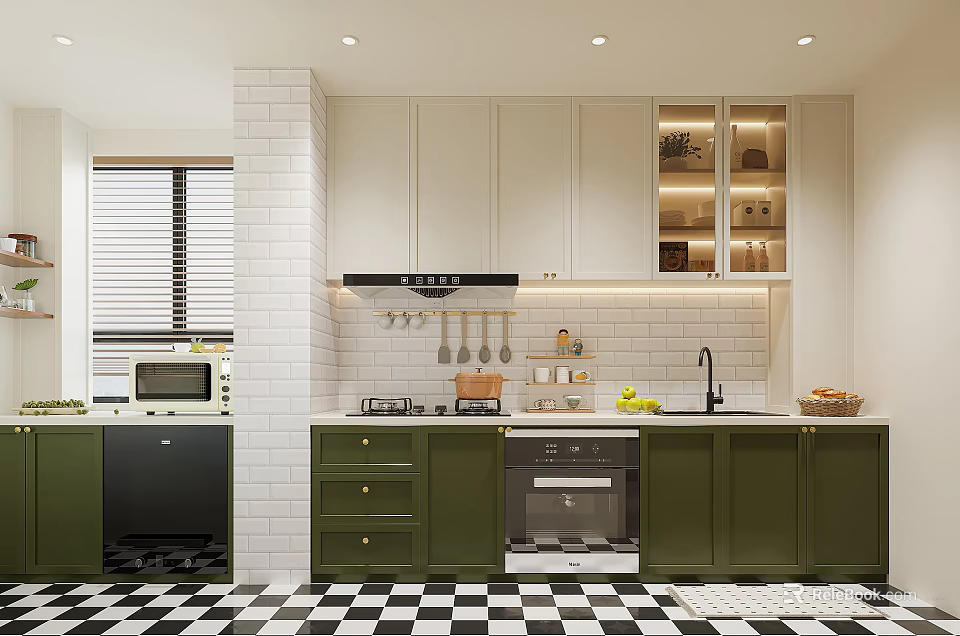 Modern Kitchen Interior With Green Cabinets Black White Checkered Floor And White Brick Wall 3d model 