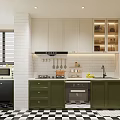 Modern Kitchen Interior With Green Cabinets Black White Checkered Floor And White Brick Wall