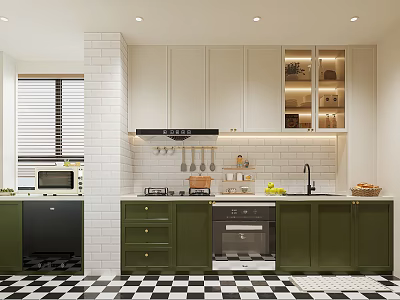 Modern Kitchen Interior With Green Cabinets Black White Checkered Floor And White Brick Wall 3d model